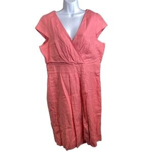 Talbots Faux Wrap Linen Dress Sz 18 Coral Pink Cap Sleeve Summer Breezy‎ Party